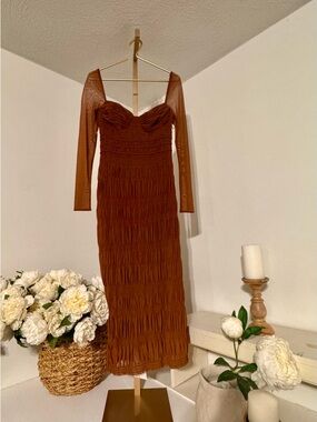 Self-Portrait Rust Brown Ruched Mesh Midi Dress